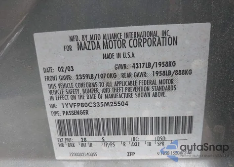 2003 Mazda Mazda6 I from USA, damaged, VIN 1YVFP80C335M25504